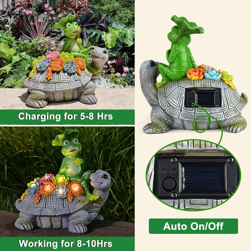 ILLUMINEW Solar Garden Outdoor Statues Turtle& Frog with Succulent and 8 LED Lights, Turtle Carrying Lotus Leaf Frog Figurines, Lawn Decorations for Patio Yard Gifts for Mom Grandma Housewarming - Image 2
